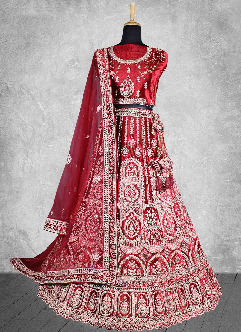 A Line Lehenga Velvet Maroon Embroidered Lehenga Choli