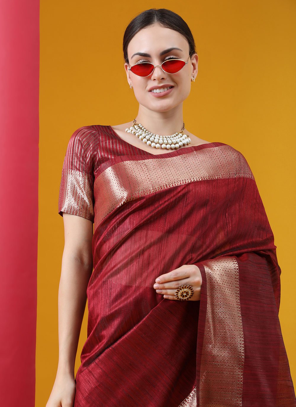 Trendy Saree Tussar Silk Maroon Woven Saree