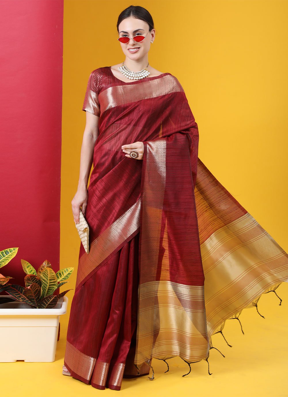 Trendy Saree Tussar Silk Maroon Woven Saree