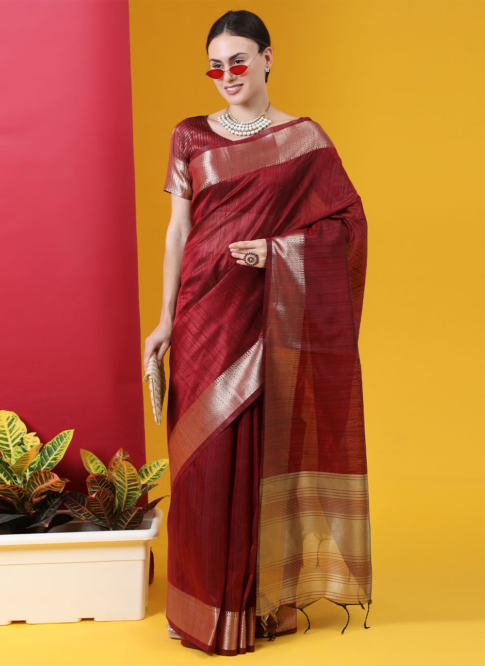 Trendy Saree Tussar Silk Maroon Woven Saree