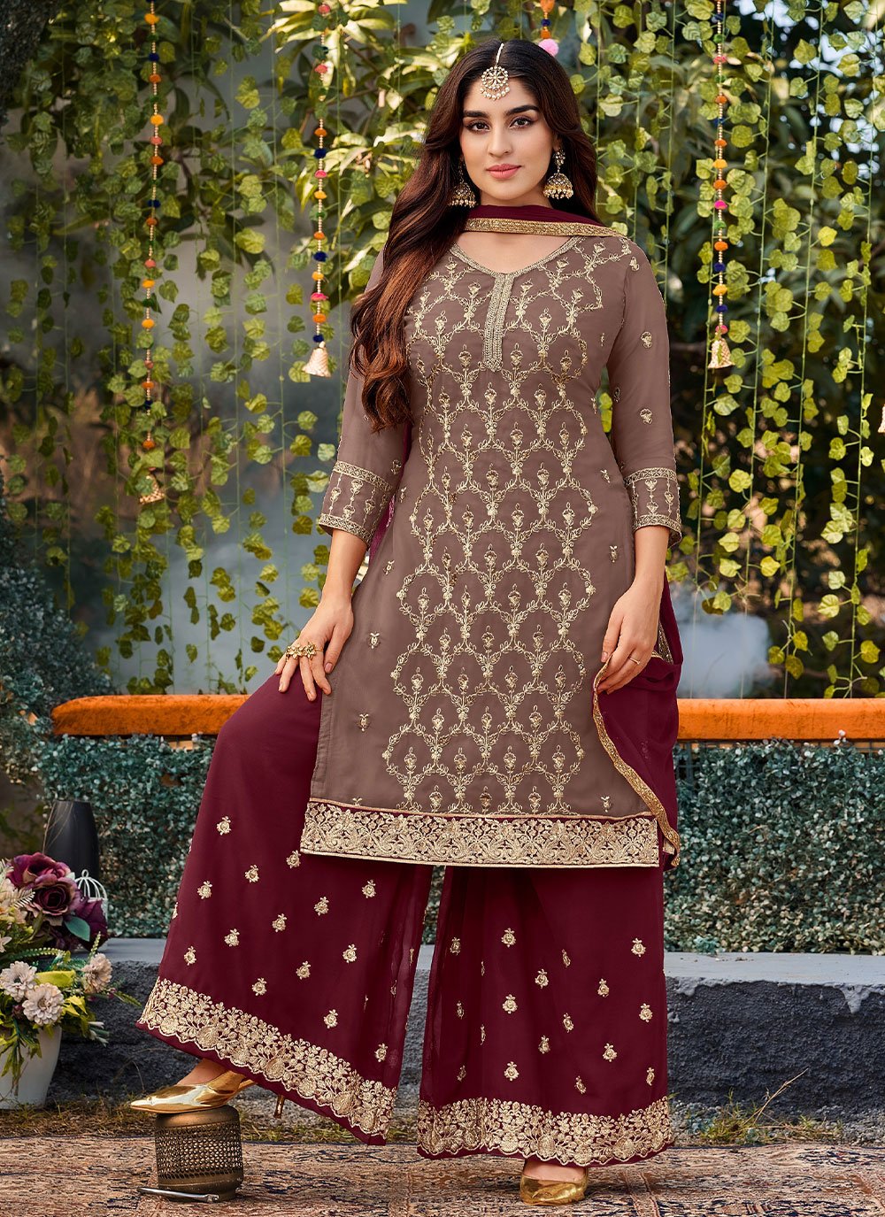 Salwar Suit Georgette Mauve Wine Embroidered Salwar Kameez