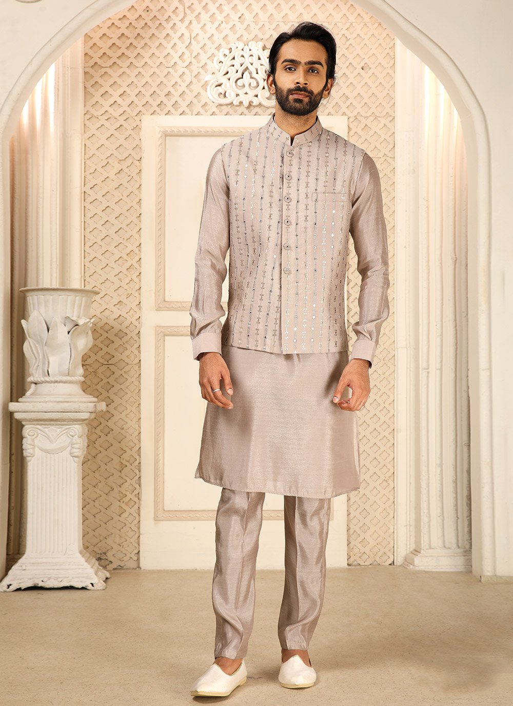 Kurta Payjama With Jacket Art Silk Mauve Embroidered Mens