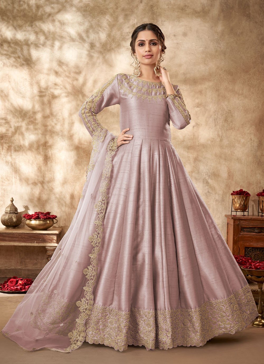 Salwar Suit Art Silk Mauve Embroidered Salwar Kameez