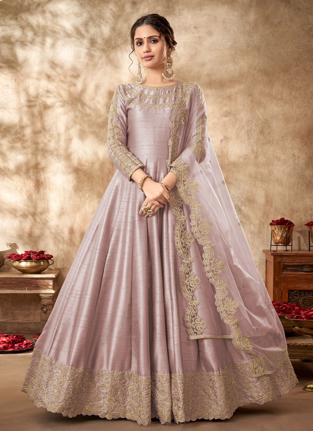 Salwar Suit Art Silk Mauve Embroidered Salwar Kameez