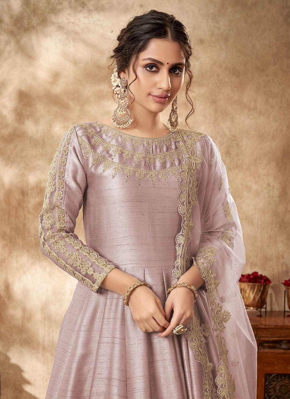 Salwar Suit Art Silk Mauve Embroidered Salwar Kameez