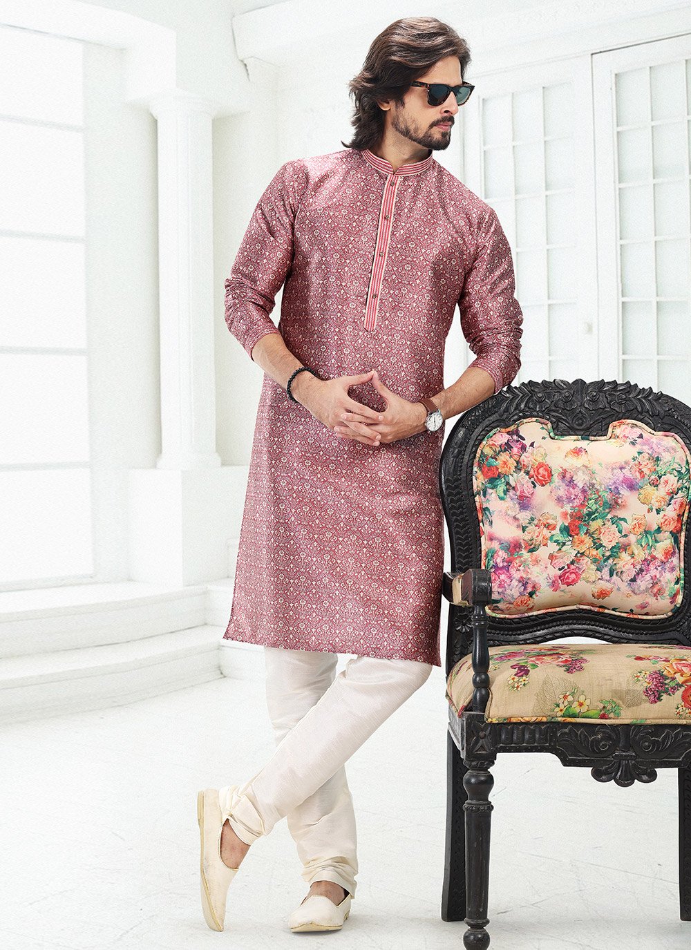 Kurta Pyjama Banarasi Silk Mauve Digital Print Mens