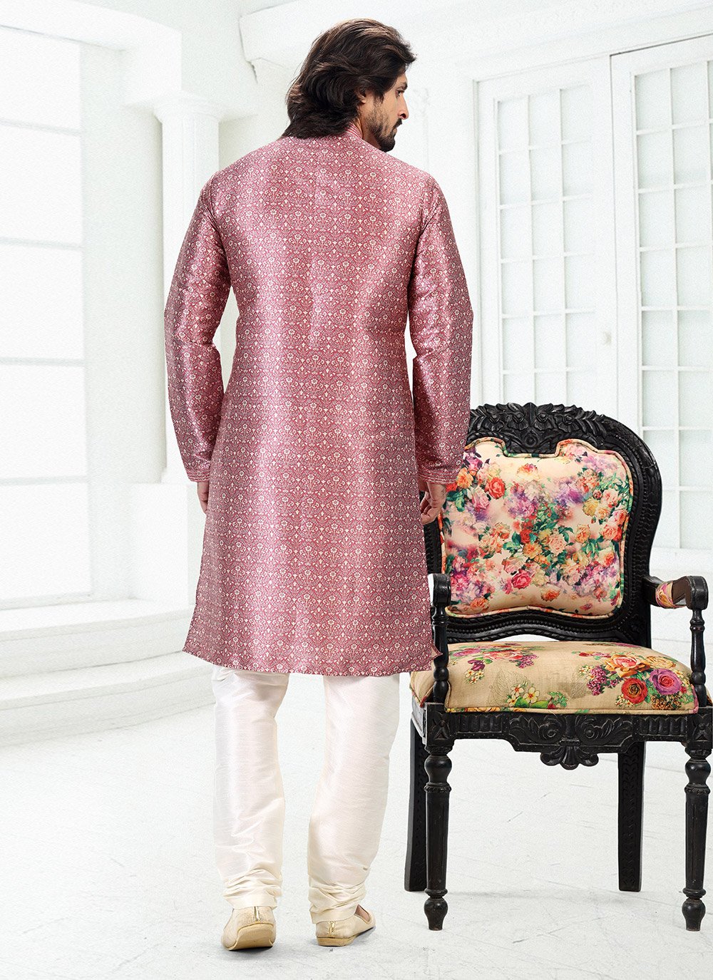 Kurta Pyjama Banarasi Silk Mauve Digital Print Mens