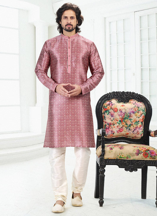 Kurta Pyjama Banarasi Silk Mauve Digital Print Mens