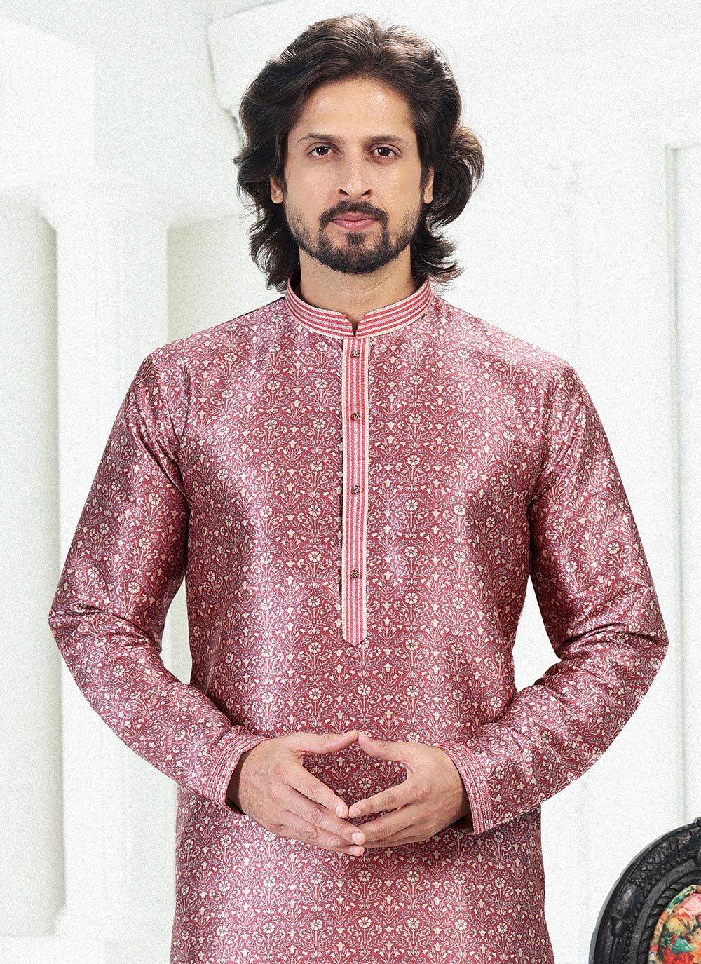 Kurta Pyjama Banarasi Silk Mauve Digital Print Mens