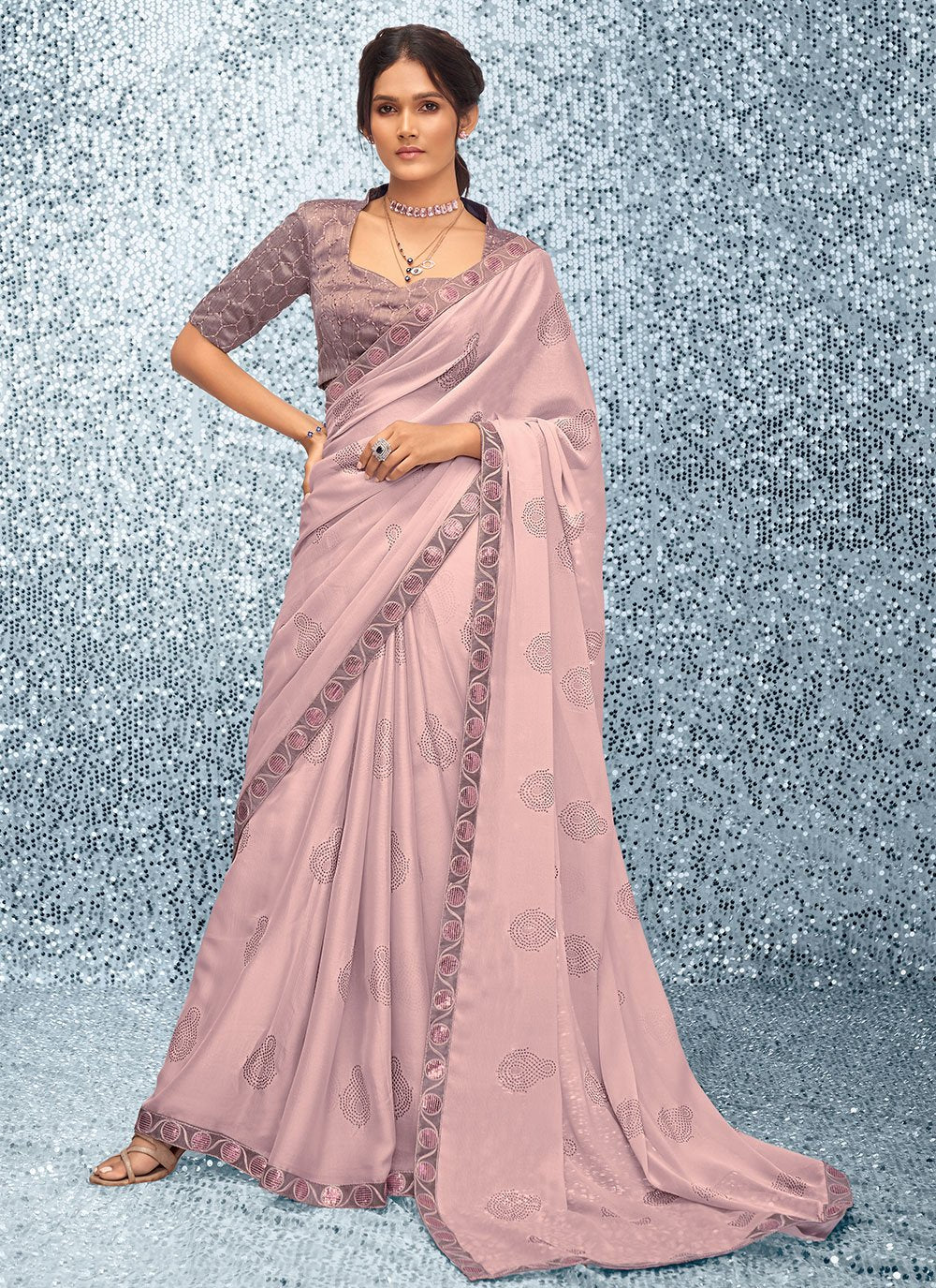 Classic Chiffon Mauve Embroidered Saree