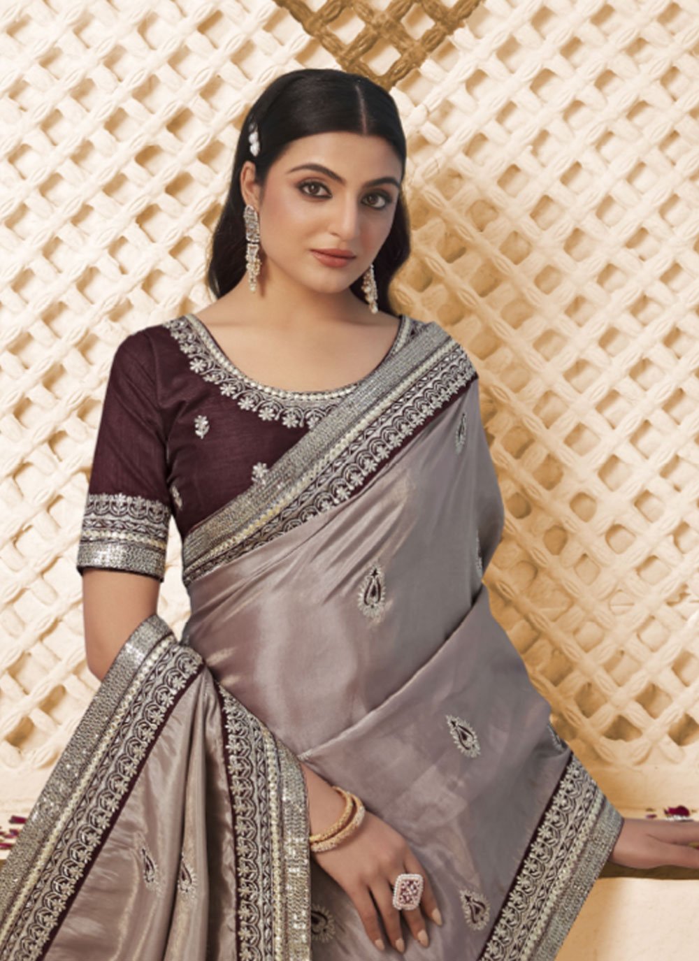 Contemporary Georgette Mauve Patch Border Saree
