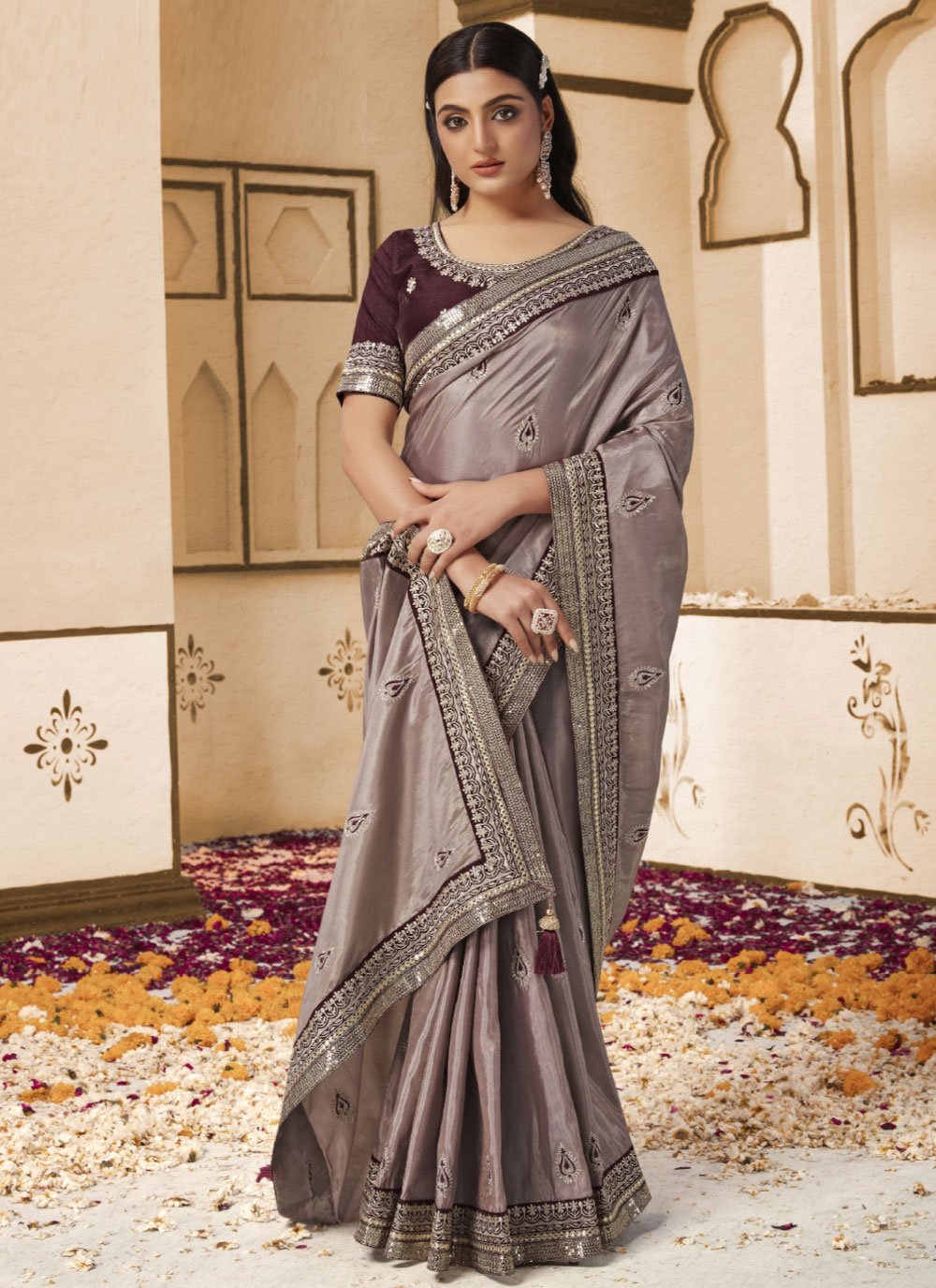 Contemporary Georgette Mauve Patch Border Saree