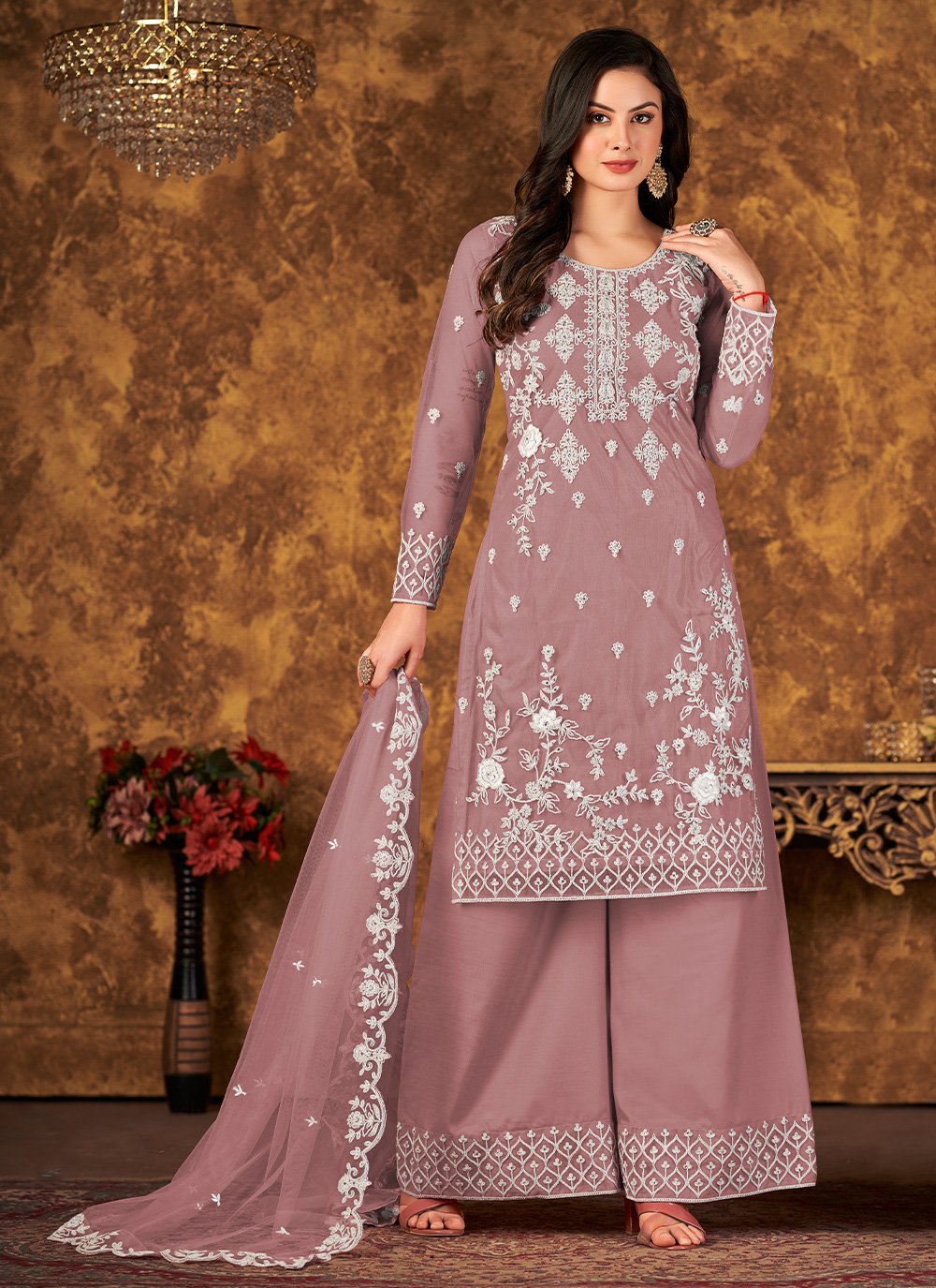 Palazzo Salwar Suit Net Mauve Cord Work Salwar Kameez