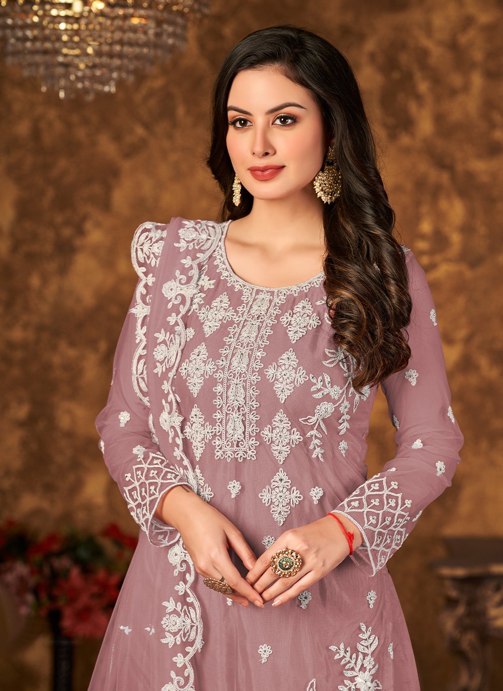 Palazzo Salwar Suit Net Mauve Cord Work Salwar Kameez