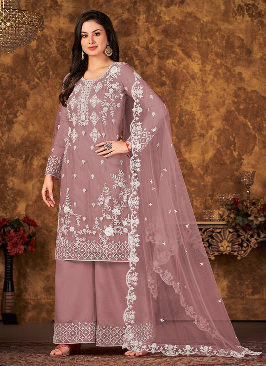 Palazzo Salwar Suit Net Mauve Cord Work Salwar Kameez