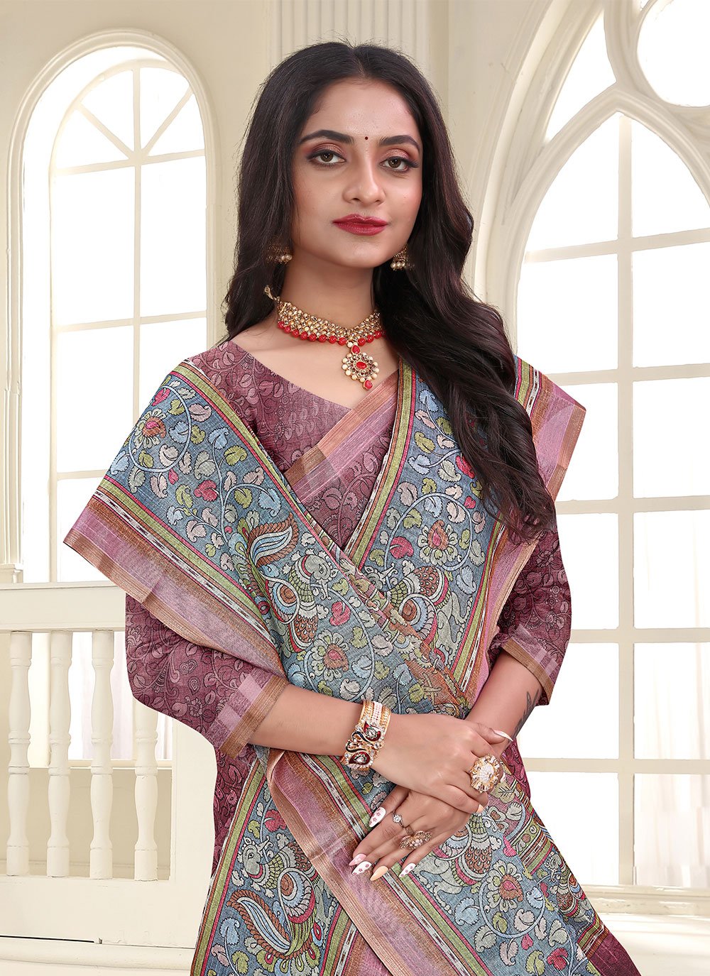 Contemporary Cotton Silk Mauve Digital Print Saree