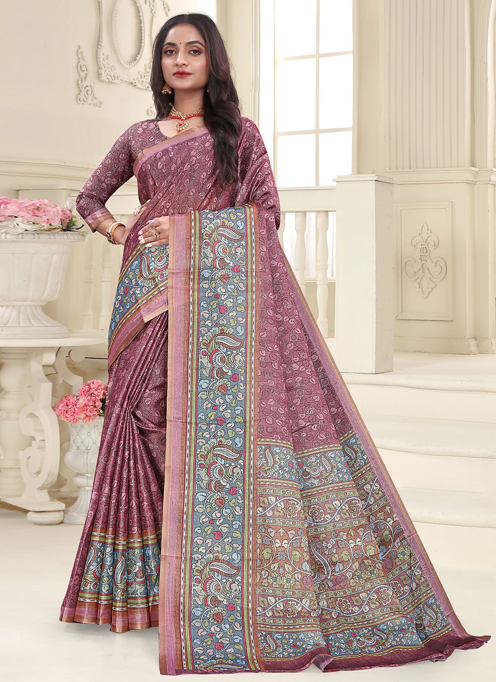 Contemporary Cotton Silk Mauve Digital Print Saree