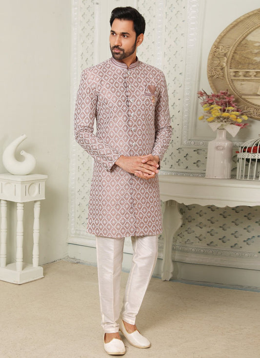 Indo Western Art Silk Mauve Embroidered Mens