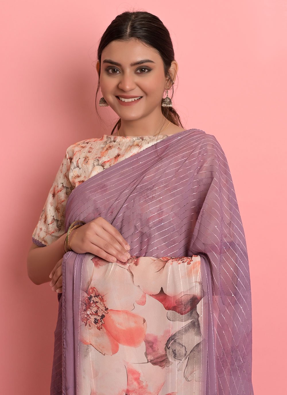 Contemporary Weight Less Mauve Digital Print Saree