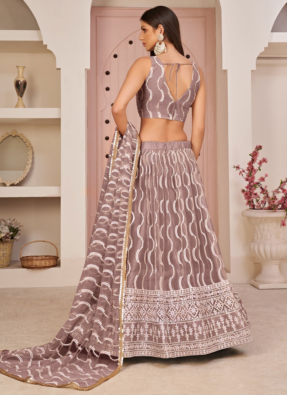 Lehenga Choli Net Mauve Embroidered Lehenga Choli