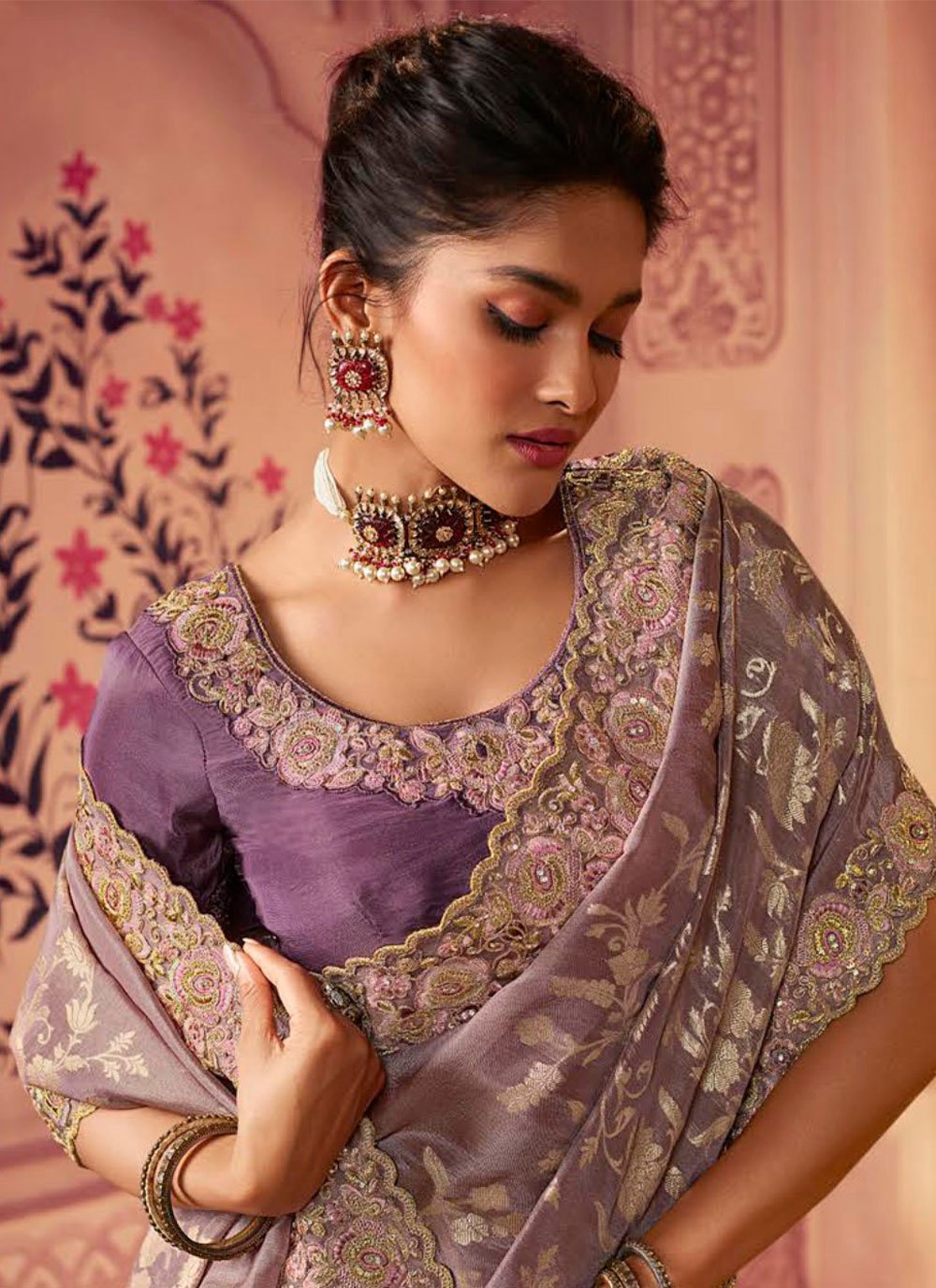 Contemporary Chinon Georgette Mauve Embroidered Saree