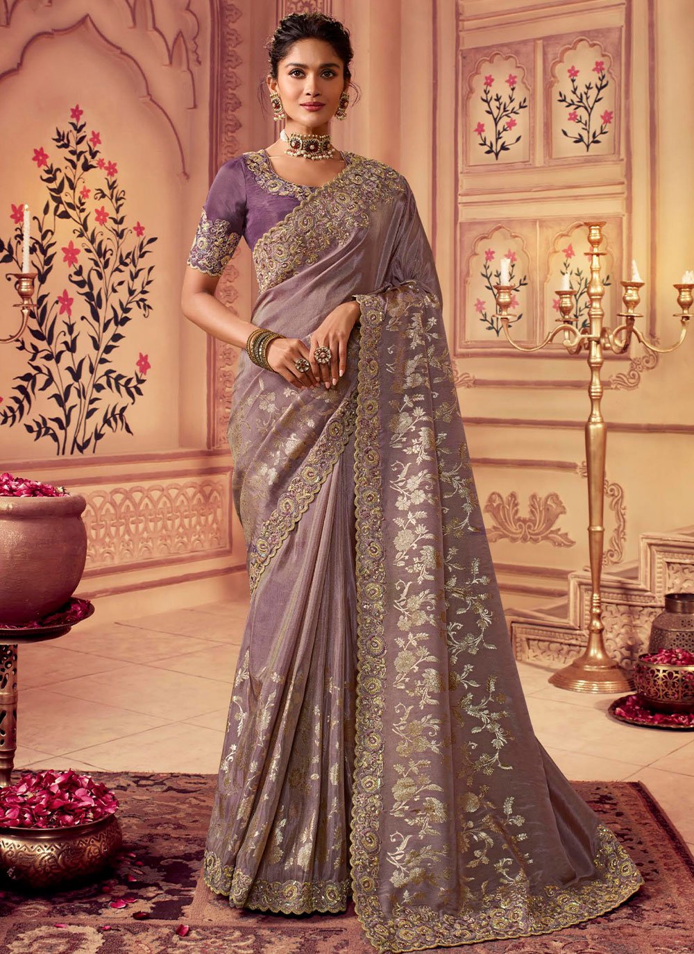 Contemporary Chinon Georgette Mauve Embroidered Saree