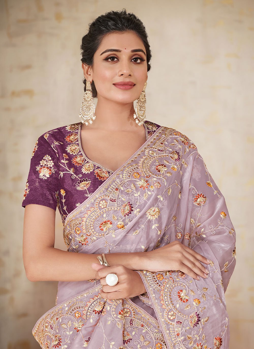 Classic Satin Silk Mauve Embroidered Saree