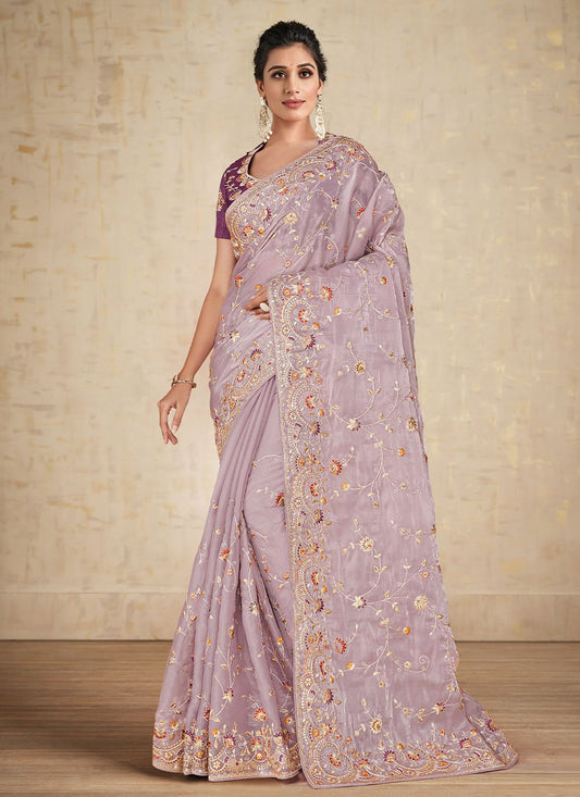 Classic Satin Silk Mauve Embroidered Saree