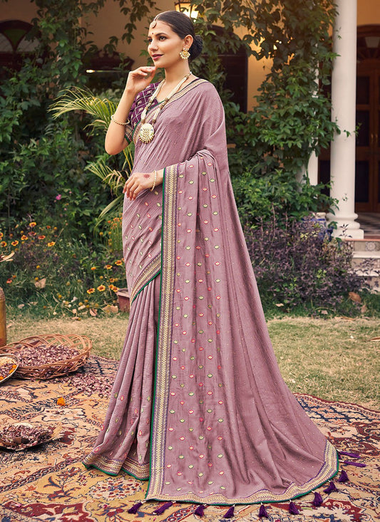 Contemporary Vichitra Silk Mauve Embroidered Saree