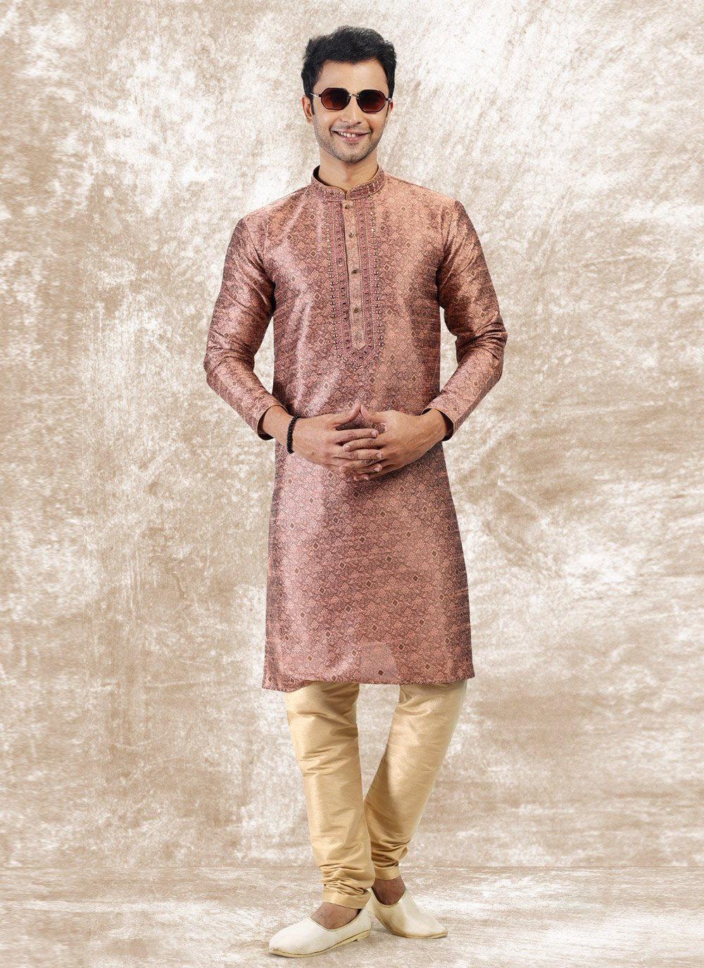 Kurta Pyjama Brocade Jacquard Silk Mauve Fancy Work Mens