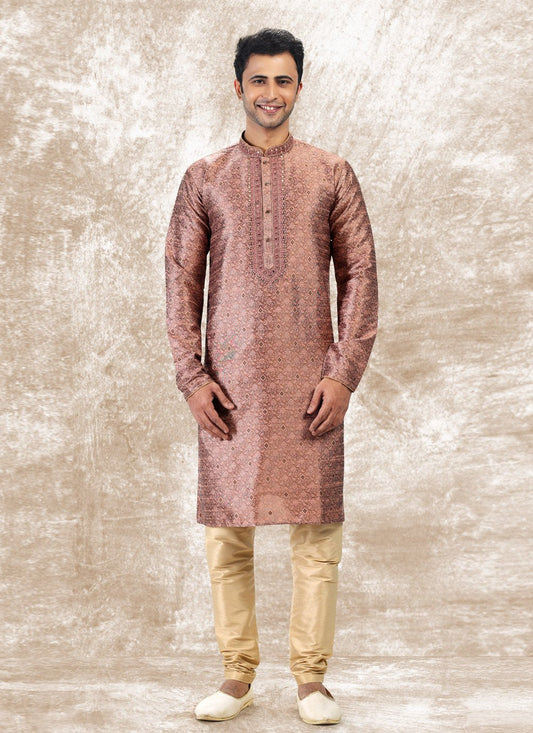 Kurta Pyjama Brocade Jacquard Silk Mauve Fancy Work Mens