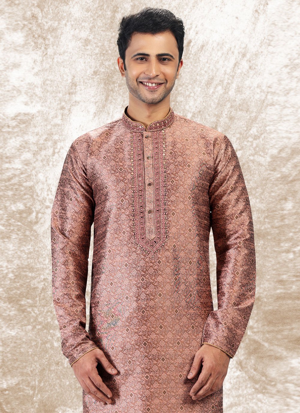 Kurta Pyjama Brocade Jacquard Silk Mauve Fancy Work Mens