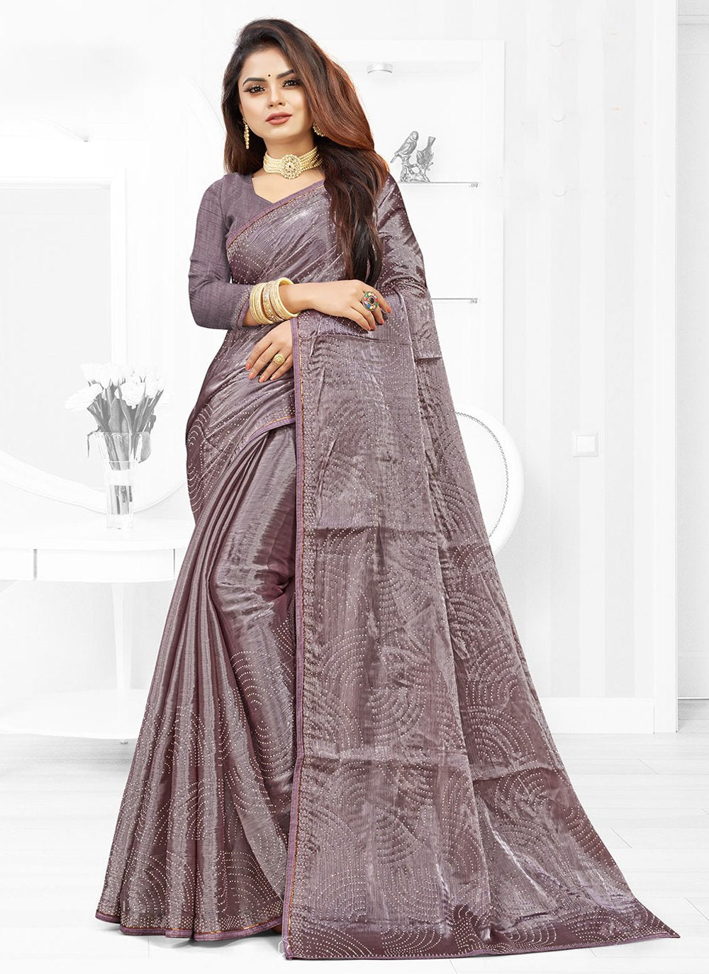 Contemporary Faux Chiffon Mauve Embroidered Saree