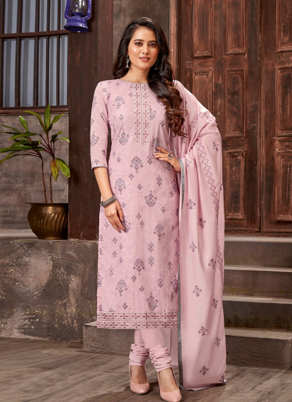 Churidar Suit Cotton Satin Mauve Embroidered Salwar Kameez