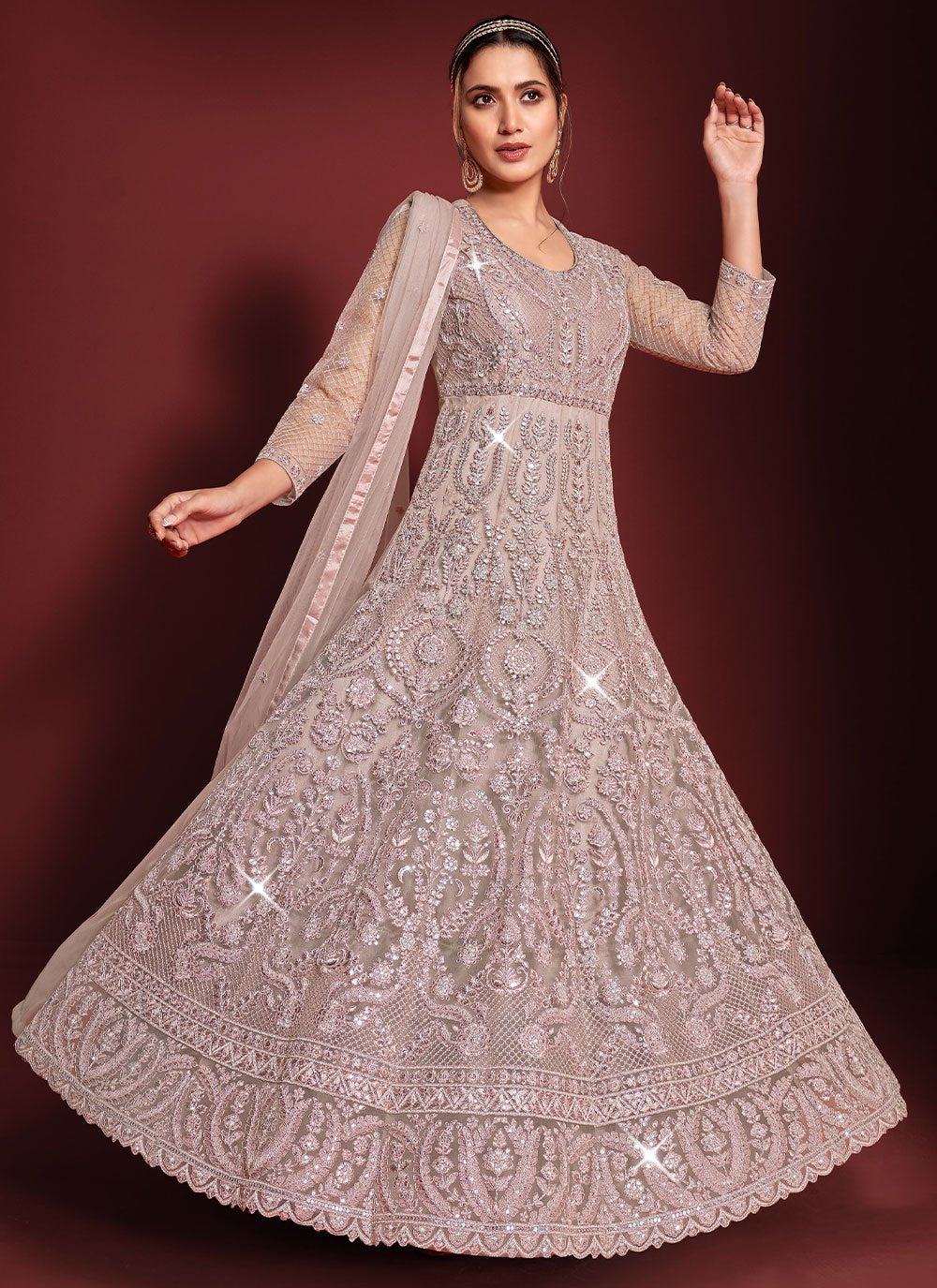 Anarkali Suit Net Mauve Embroidered Salwar Kameez