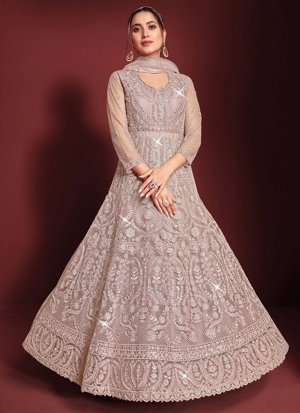 Anarkali Suit Net Mauve Embroidered Salwar Kameez