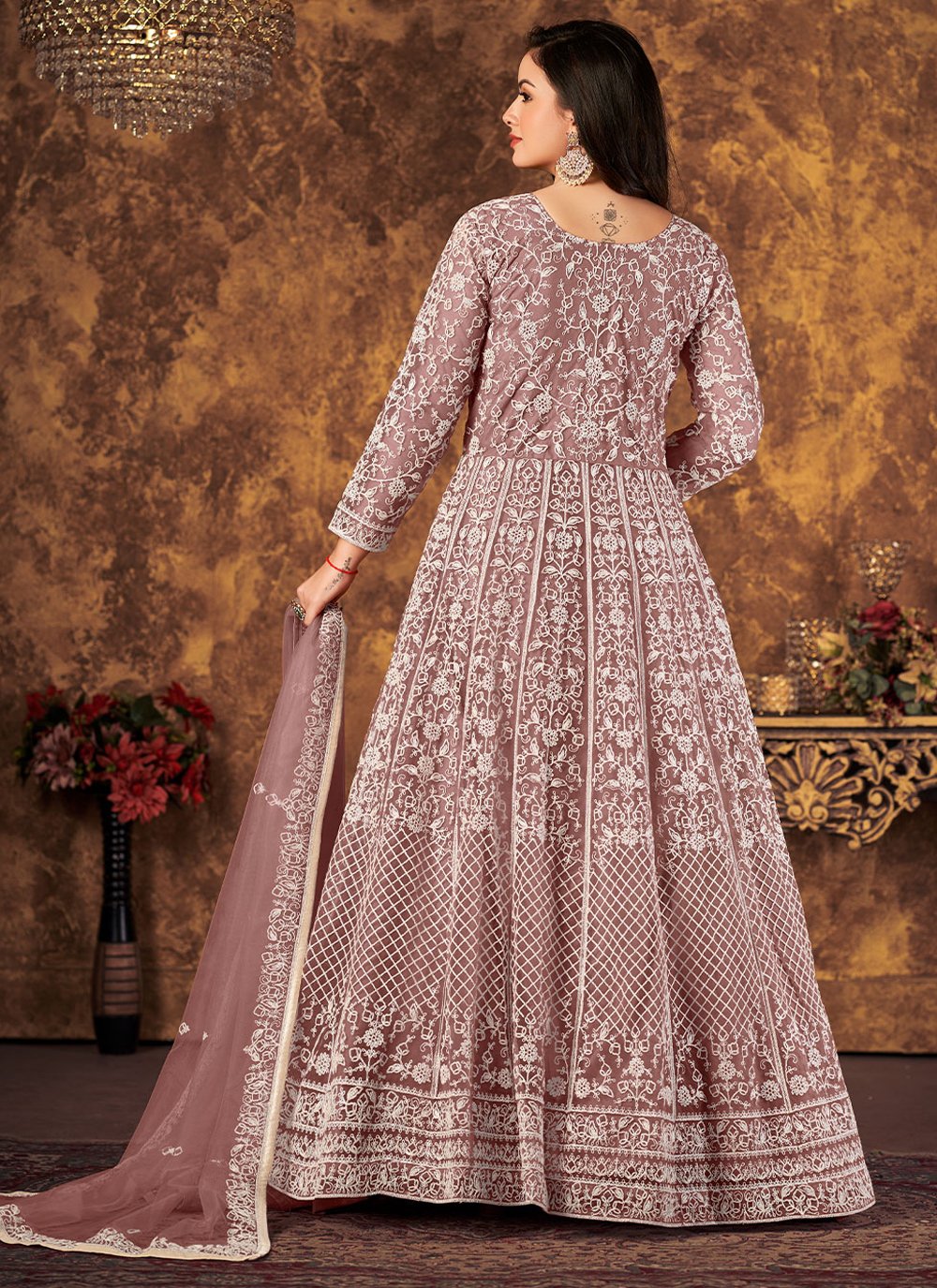 Anarkali Suit Net Mauve Cord Work Salwar Kameez