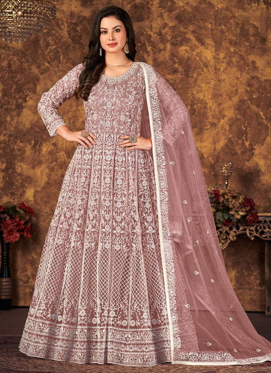 Anarkali Suit Net Mauve Cord Work Salwar Kameez