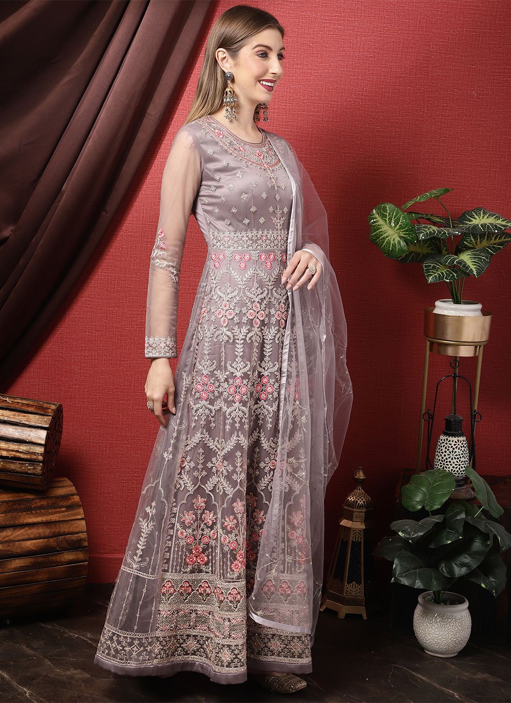 Trendy Suit Net Mauve Embroidered Salwar Kameez