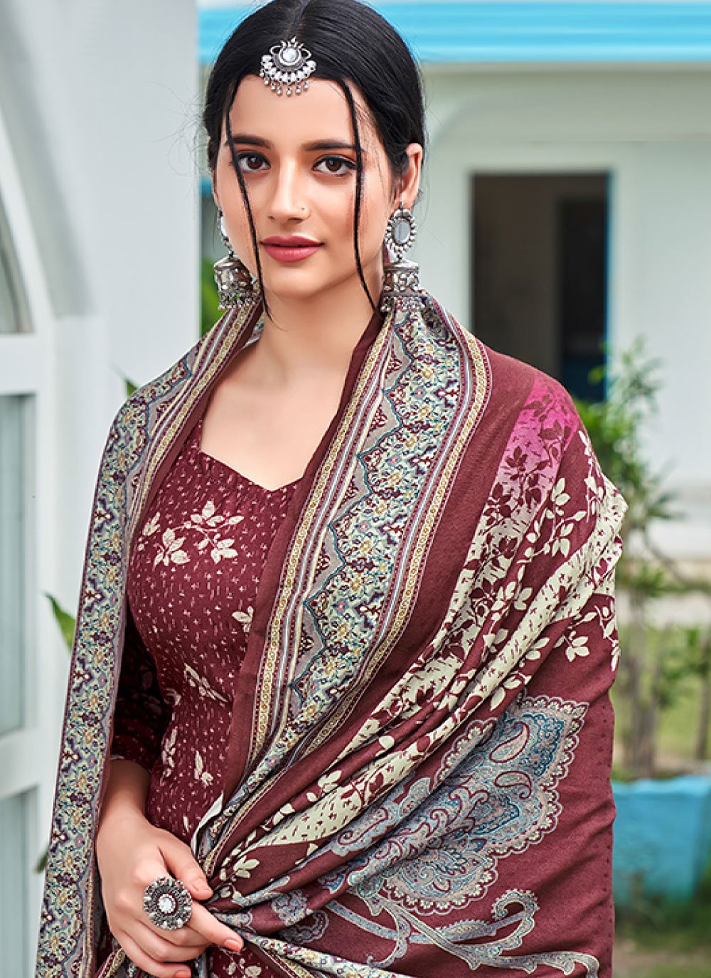 Straight Salwar Suit Pashmina Mauve Digital Print Salwar Kameez