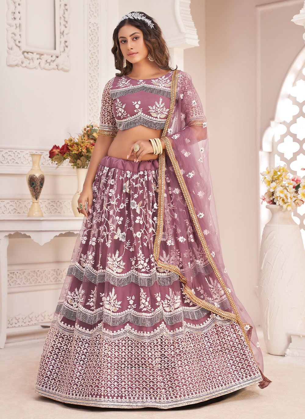 Lehenga Choli Net Mauve Embroidered Lehenga Choli