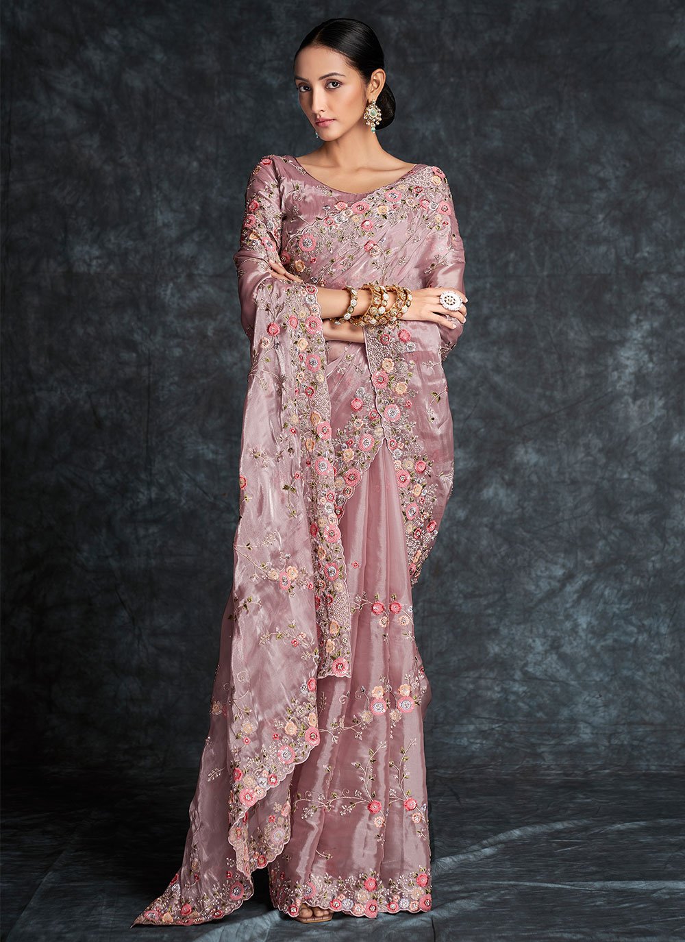 Classic Organza Mauve Embroidered Saree