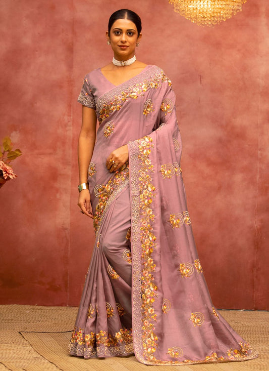 Trendy Saree Net Mauve Embroidered Saree