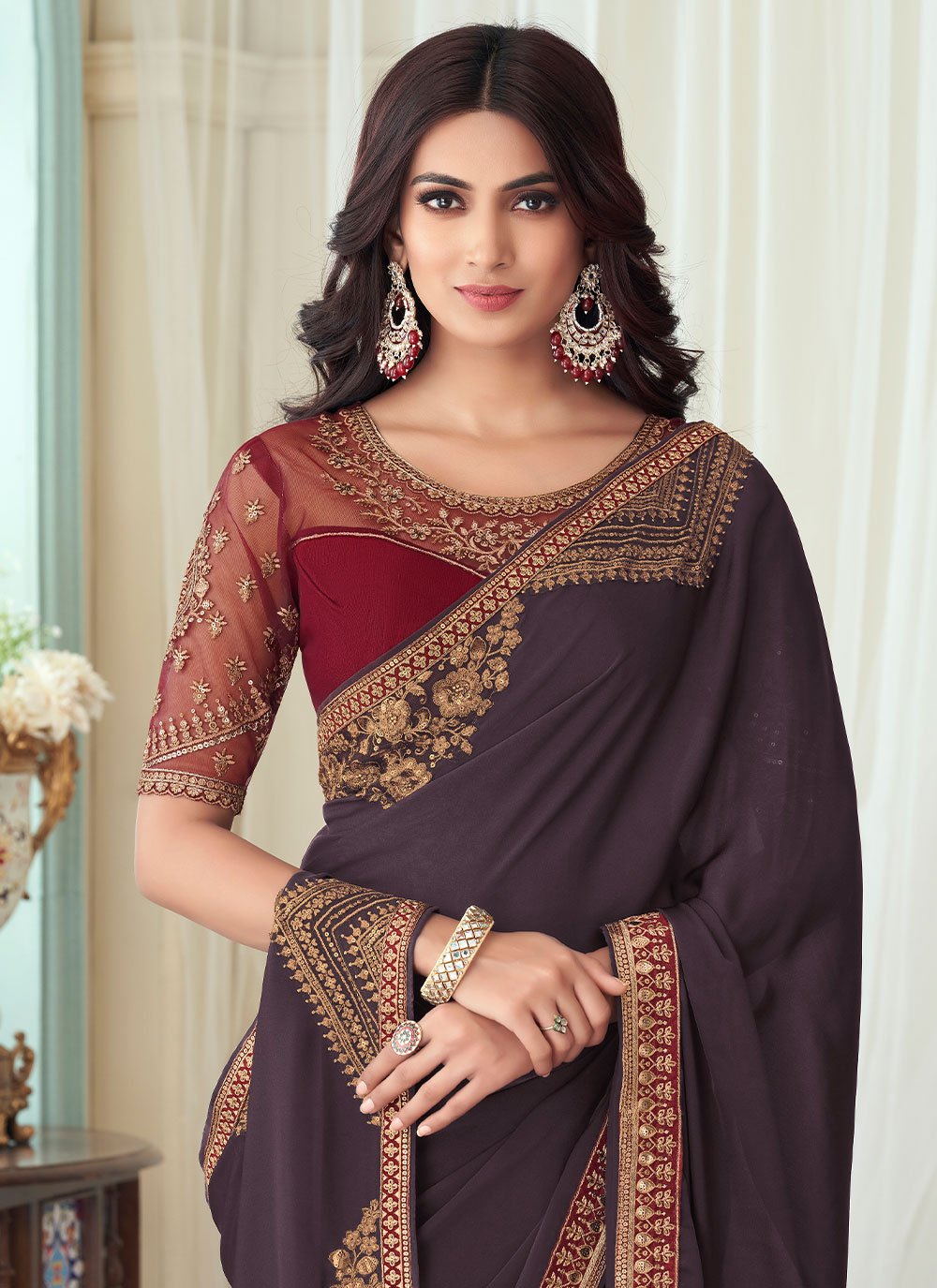 Designer Silk Mauve Embroidered Saree