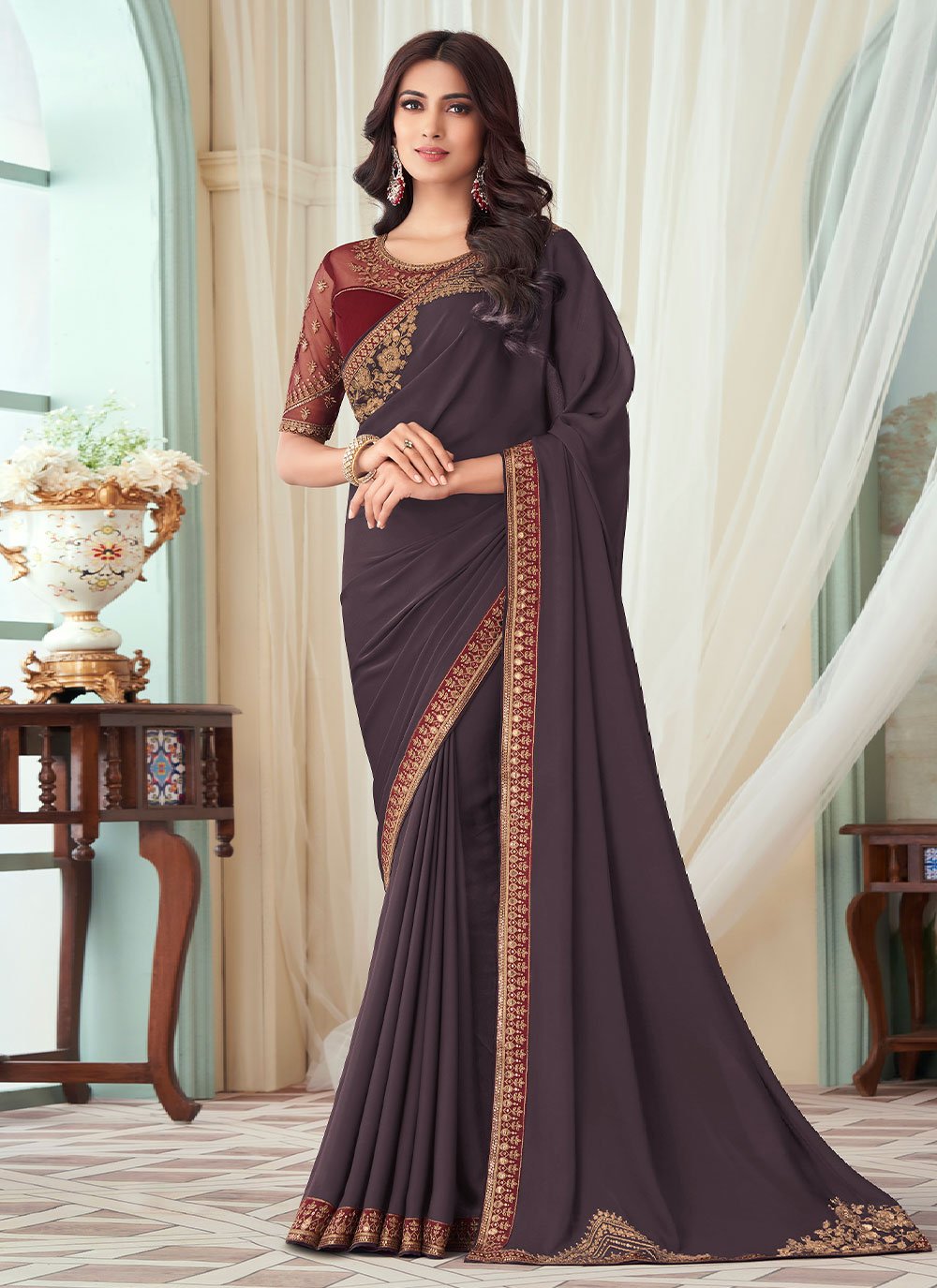 Designer Silk Mauve Embroidered Saree