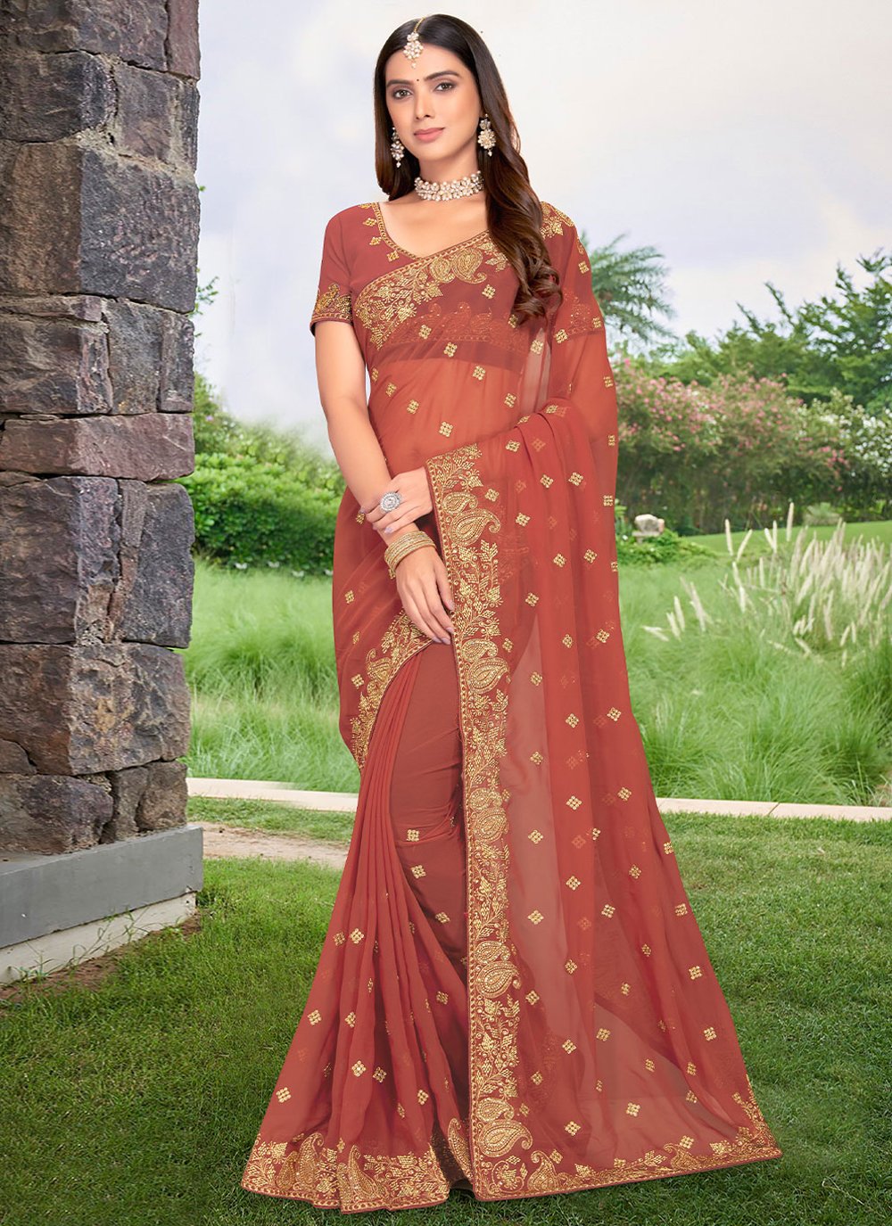 Classic Georgette Mauve Embroidered Saree