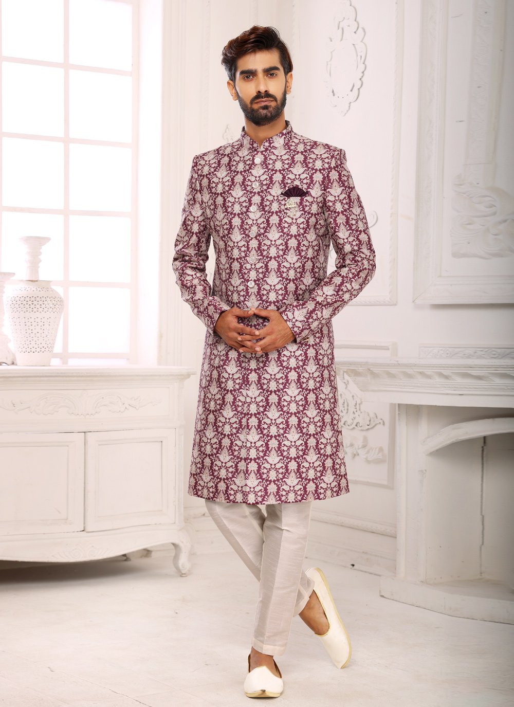 Indo Western Fancy Fabric Mauve Digital Print Mens