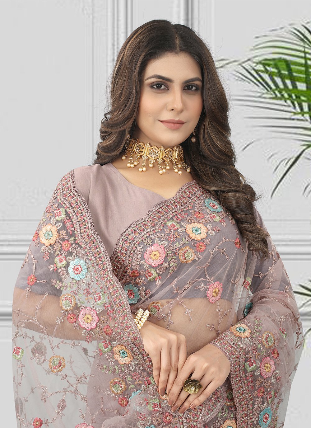 Contemporary Net Mauve Embroidered Saree