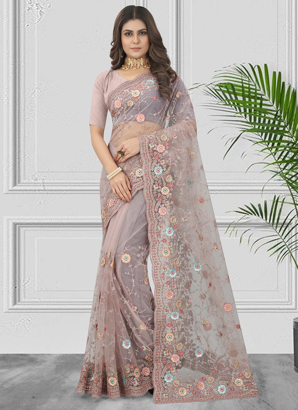 Contemporary Net Mauve Embroidered Saree