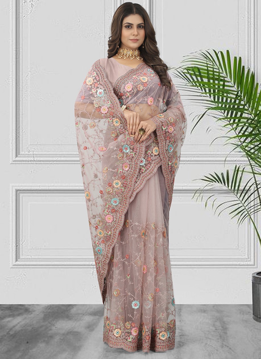 Contemporary Net Mauve Embroidered Saree